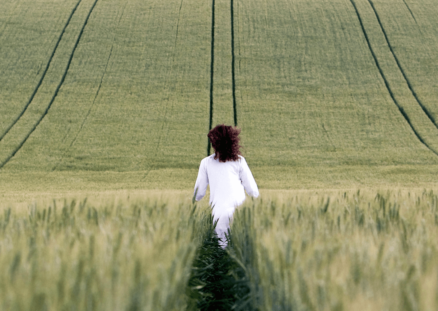 A photo of a person in a white outfit walking through a green wheat field, with tracks leading up a hill.