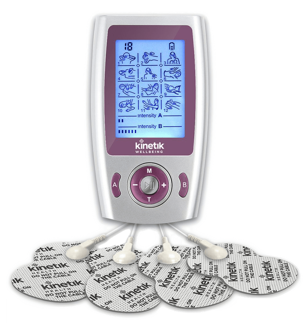 Photo of an electronic muscle stimulator with multiple electrode pads and a digital display for intensity settings.