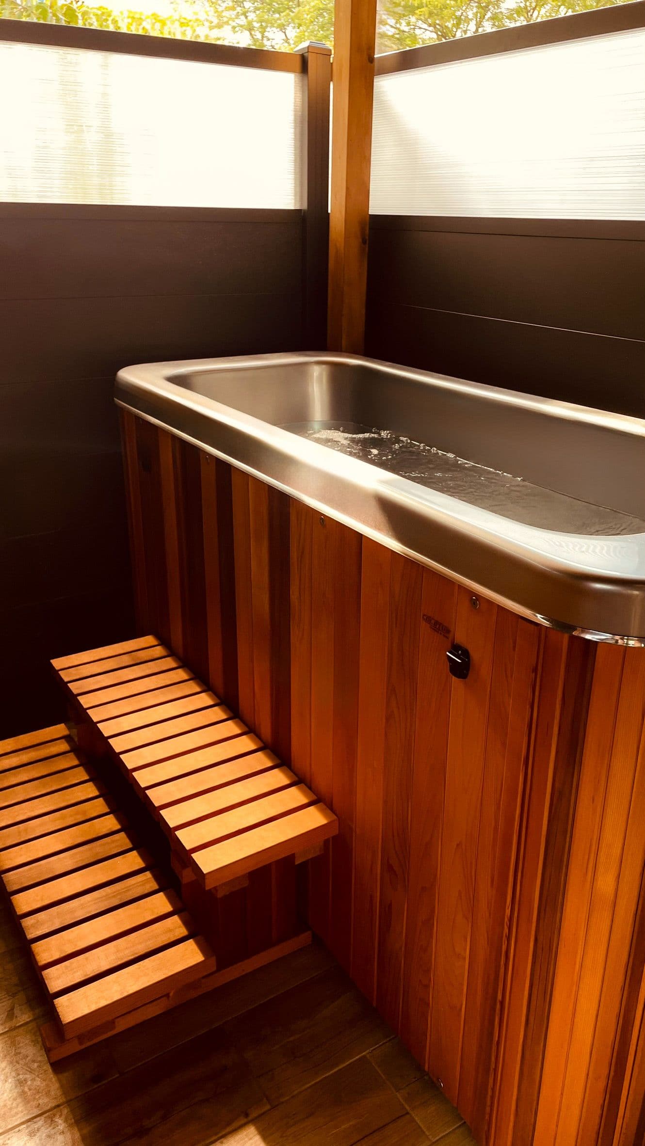 A photo of a bath with steps leading to the inside of it.